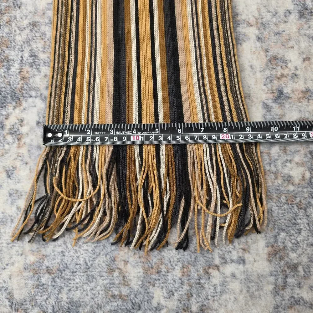 Lambswool Scarf Mens One Size Brown Striped Knit Fringe Winter Made In Italy